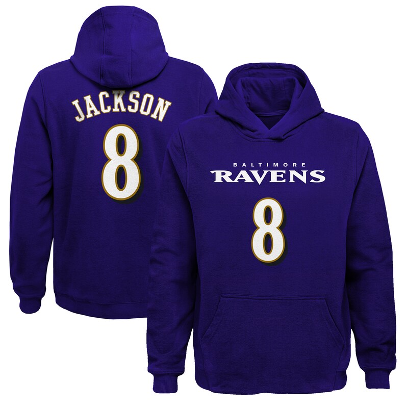 Baltimore Ravens - Mikina s kapucí "Name & Number" dětská - Lamar Jackson, mainliner, fialová