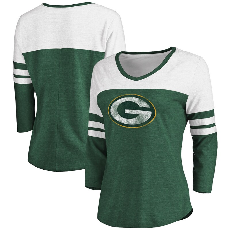 Green Bay Packers - Tričko dámské - s pruhy, žíhané, výstřih do V, bílozelené, rozmázlé, tříčtvrteční rukáv