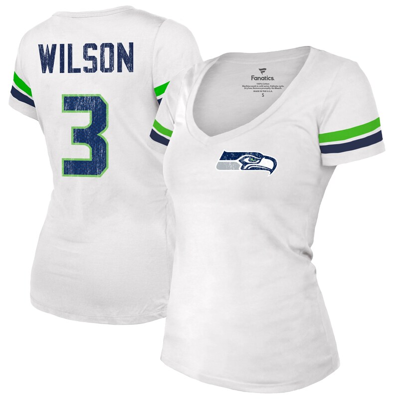 Seattle Seahawks - Tričko "Fashion Name and Number" dámské - Russell Wilson, výstřih do V, bílé