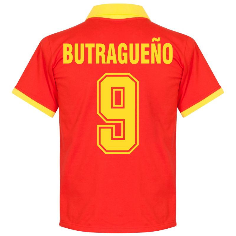 Španělsko - Dres fotbalový - fan potisk, retrostyl, domácí, číslo 9, Emilio Butragueño, červený, sedmdesátá léta