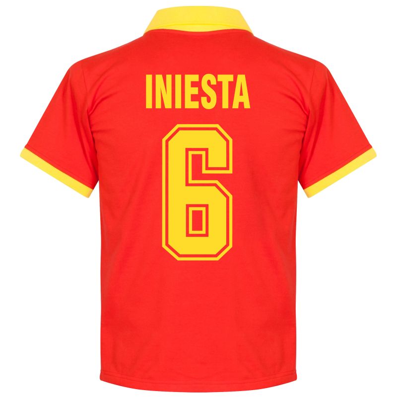 Španělsko - Dres fotbalový - Andrés Iniesta, fan potisk, retrostyl, číslo 6, domácí, červený, sedmdesátá léta