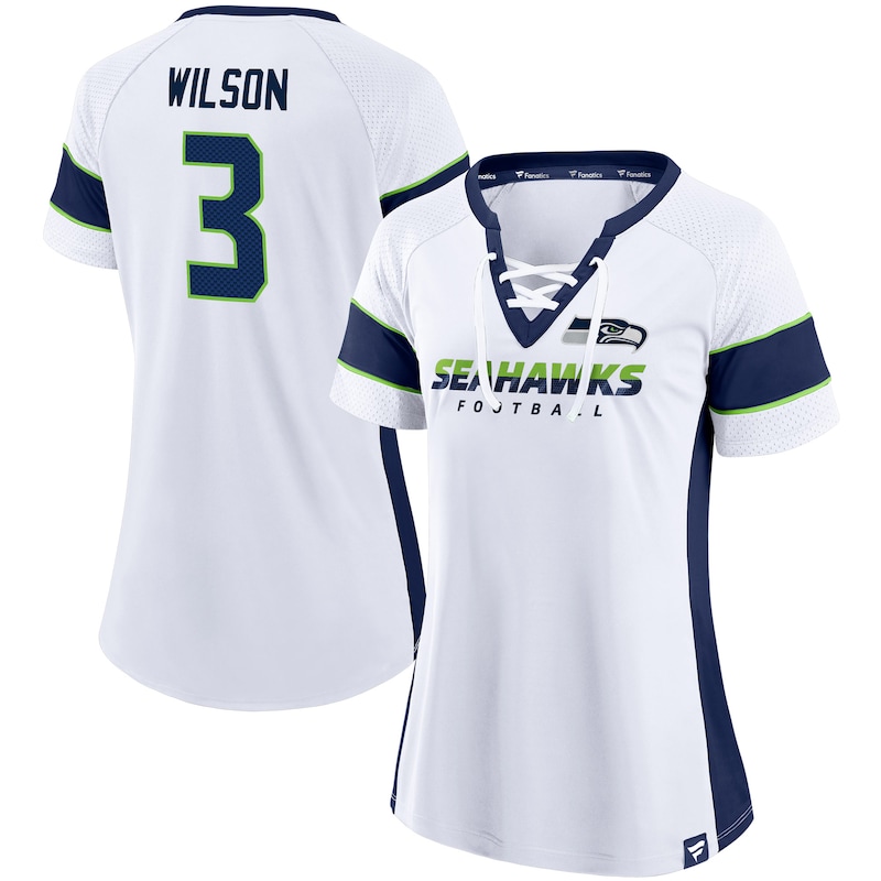 Seattle Seahawks - Tričko "Athena Player" dámské - Russell Wilson, výstřih do V, bílé, raglánové