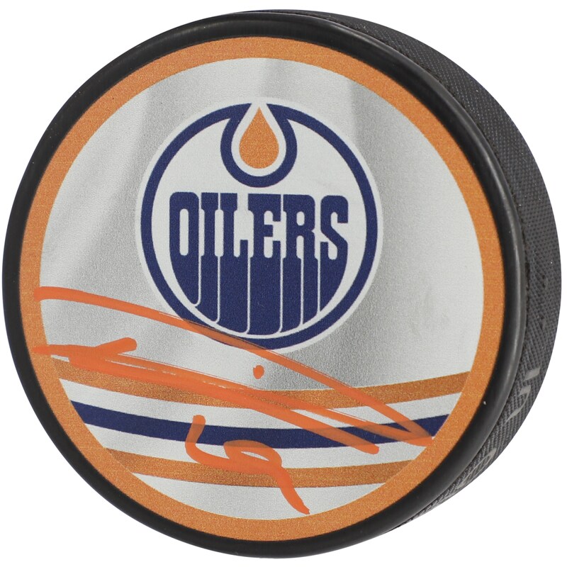 Edmonton Oilers - Puk hokejový "Logo" - retrostyl, Leon Draisaitl, obrácené barvy, podepsaný