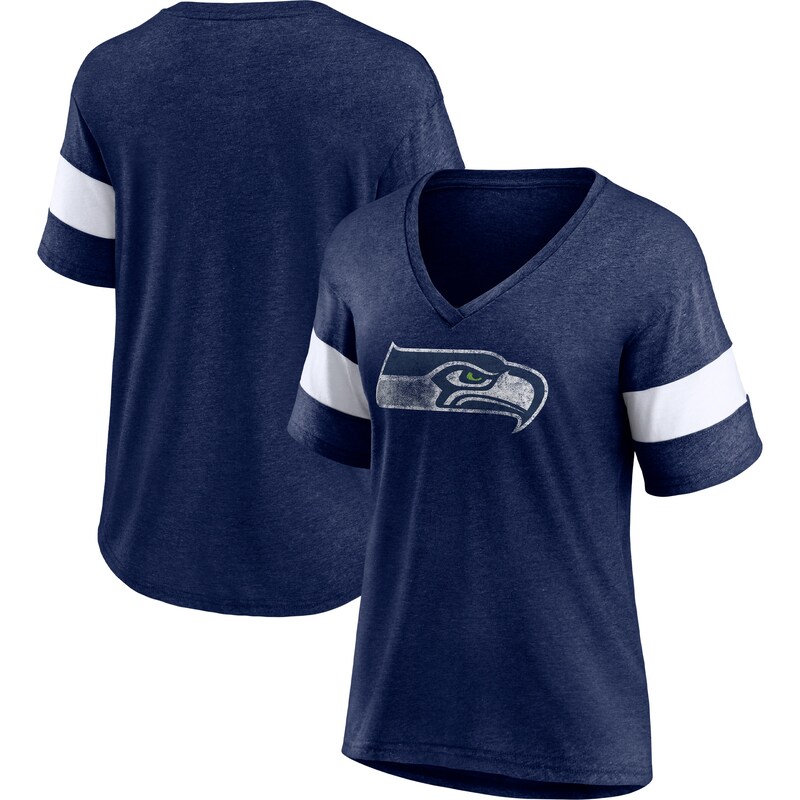 Seattle Seahawks - Tričko dámské - žíhané, výstřih do V, rozmázlé, tri-blend, modrobílé