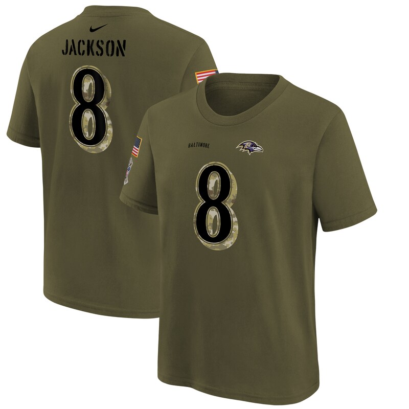 Baltimore Ravens - Tričko "Name & Number" dětské - salute to service, olivové, 2022, Lamar Jackson