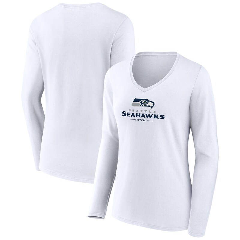 Seattle Seahawks - Tričko "Logo Lockup" dámské - výstřih do V, bílé, dlouhý rukáv